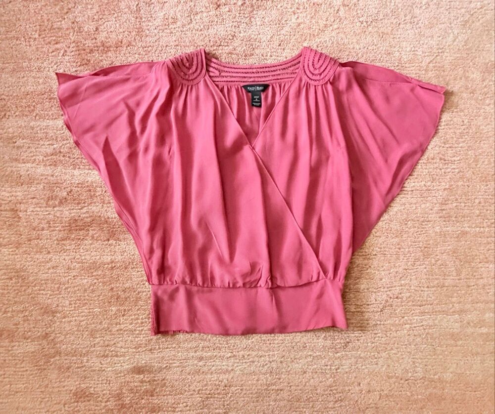 White House Black Market 100% Silk Wrap Blouse Pink Cutout Shoulder Top S